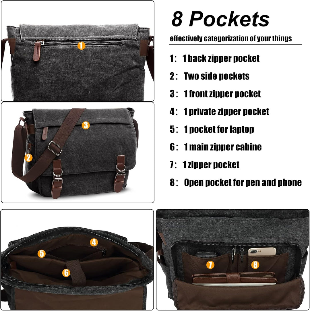 CALIYO Umhängetaschen Herren aus Canvas Schultasche Queformat A4 Laptoptasche für 15,6 Zoll Laptop A