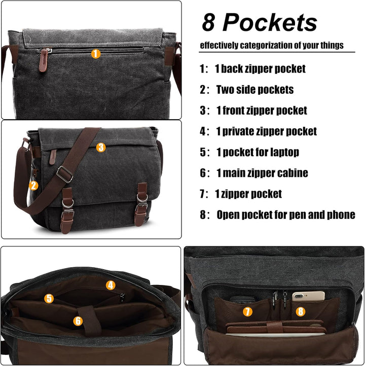 CALIYO Umhängetaschen Herren aus Canvas Schultasche Queformat A4 Laptoptasche für 15,6 Zoll Laptop A