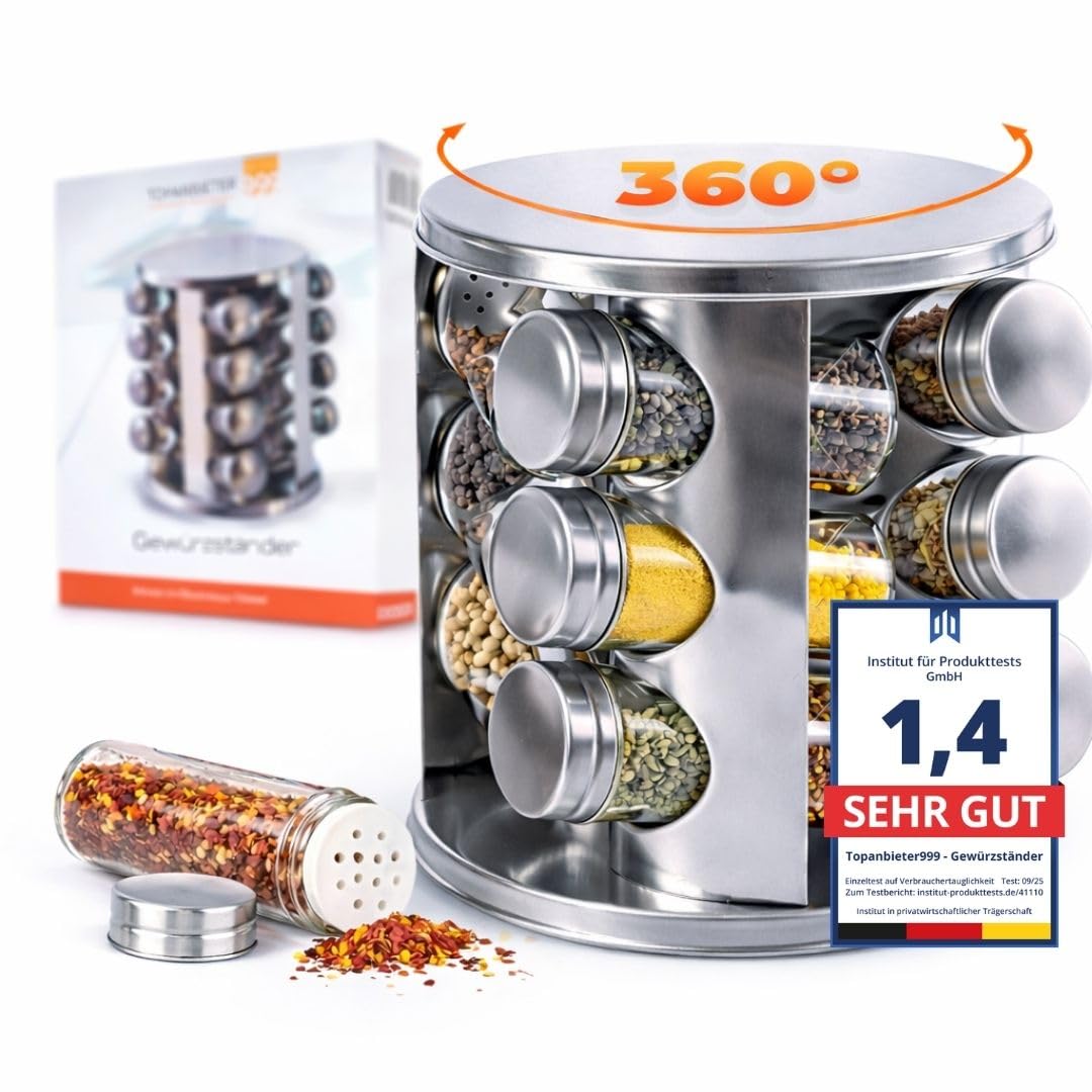 Gewürzregal Set- 12 Gewürzgläser Edelstahl - 360° drehbarer Gewürzständer für Küche -Gewürzkarussell
