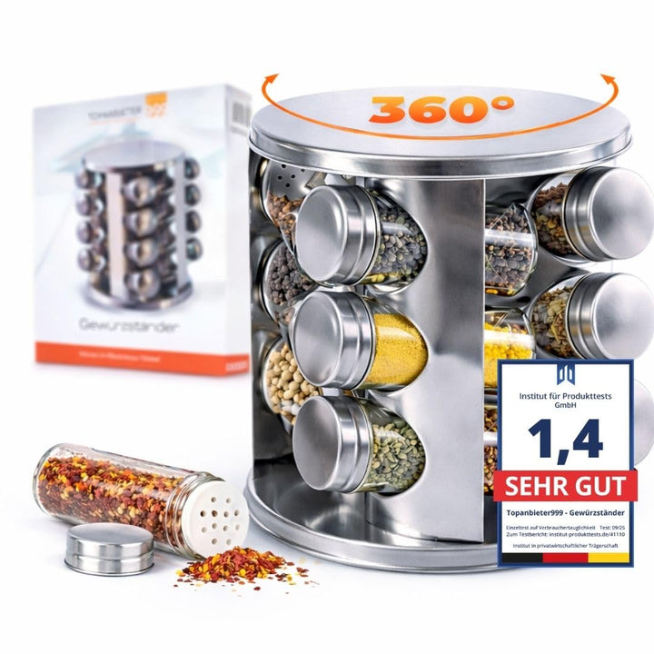 Gewürzregal Set- 12 Gewürzgläser Edelstahl - 360° drehbarer Gewürzständer für Küche -Gewürzkarussell
