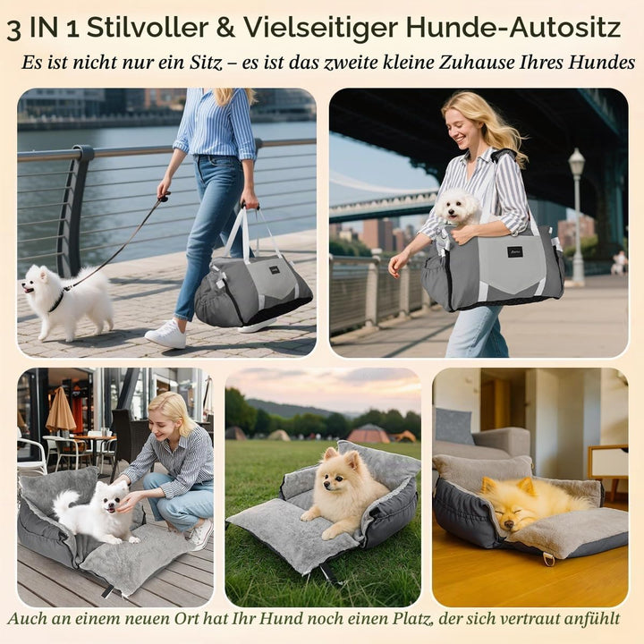 3-in-1 Hundesitz fürs Auto &amp; Reisebett für kleine Hunde – Tragbarer Autositz mit erweiterbarer Liege
