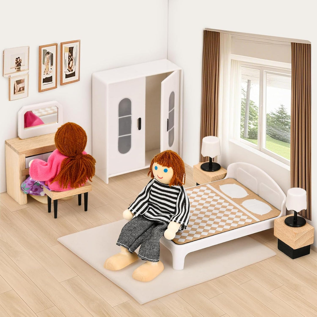 Atoylink Puppenhaus Möbel Set aus Buchenholz &amp; Kunststoff, Zubehör Spielzeug mit Puppenhaus Puppen,