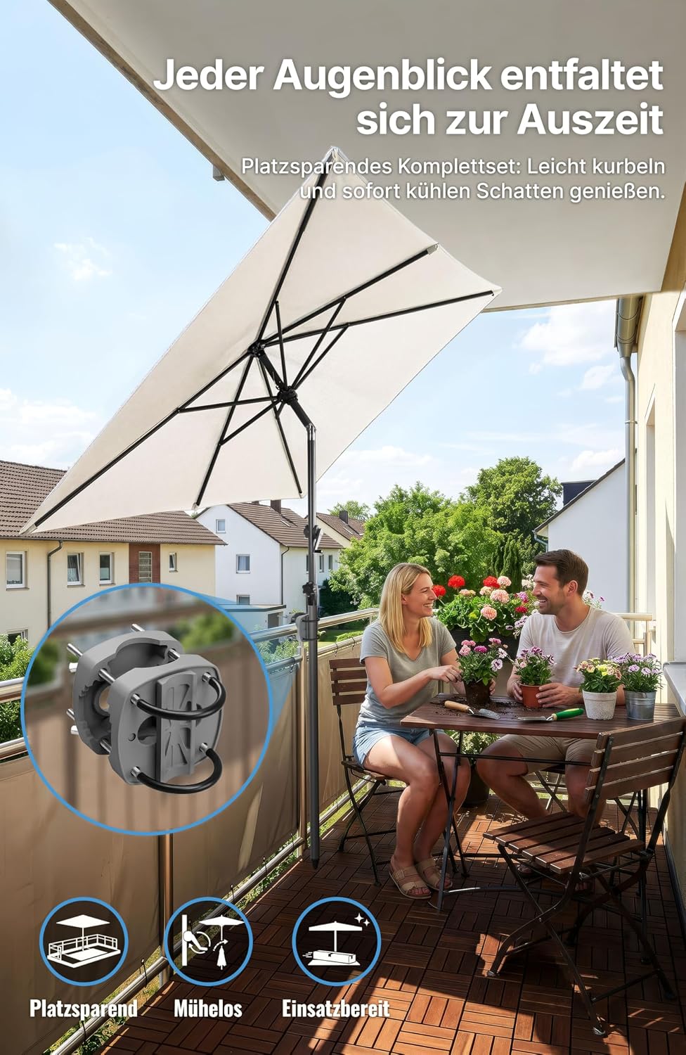 4smile SunnyShade Sonnenschirm Balkon mit Halterung im 3-er-Set, 210x140 cm,UV 50+, Beige, Balkonsch