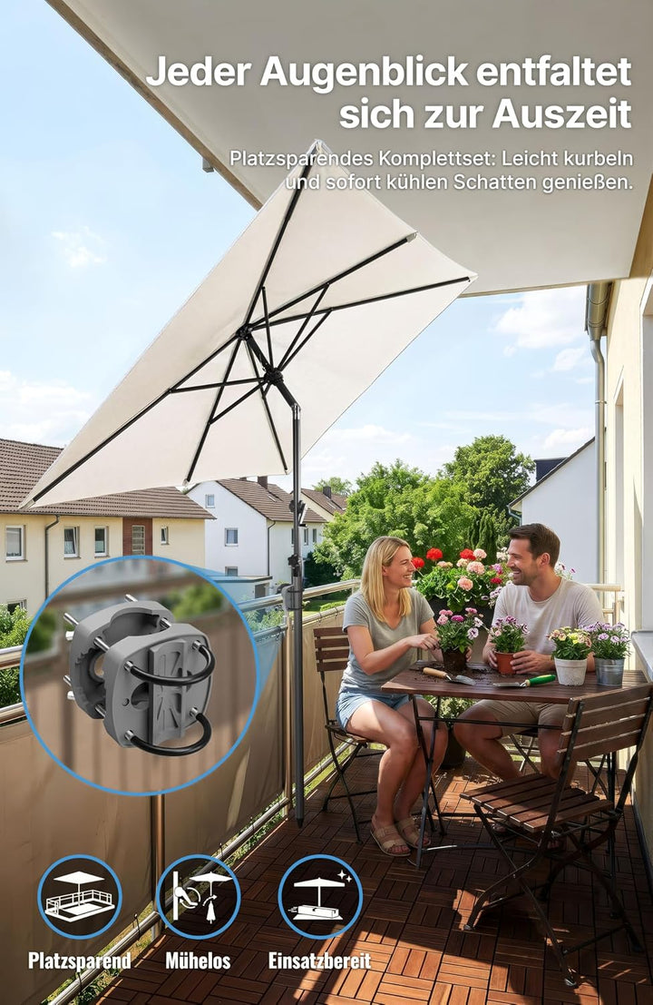 4smile SunnyShade Sonnenschirm Balkon mit Halterung im 3-er-Set, 210x140 cm,UV 50+, Beige, Balkonsch