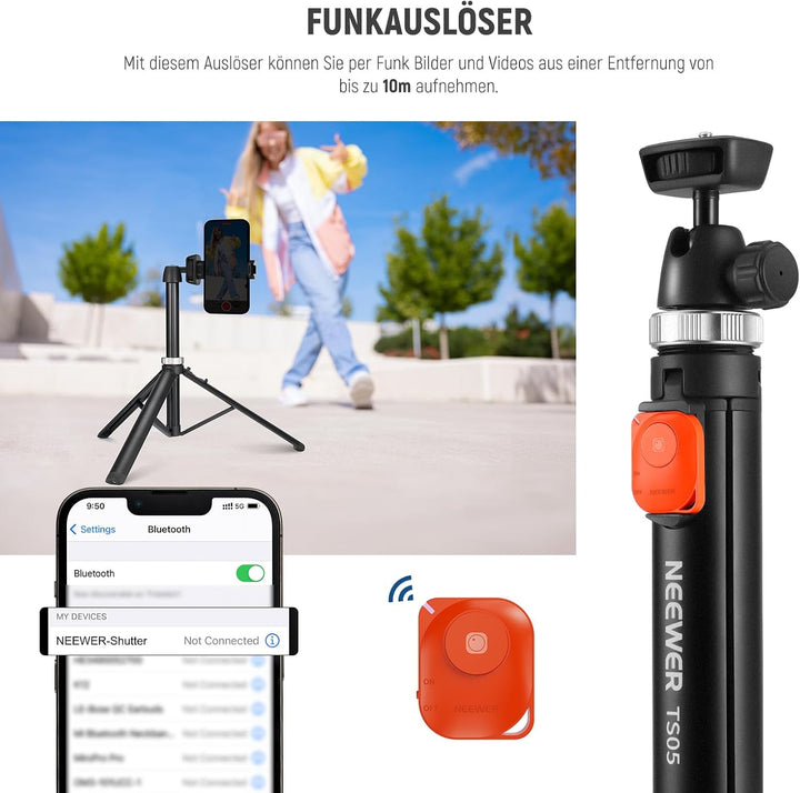NEEWER Handystativ für Telefon und Kamera mit Fernbedienung, 160cm Metall Selfie Stick Reise Vlog St
