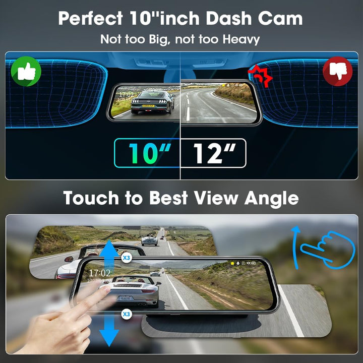 Jansite Spiegel Dashcam 10'' Touch Screen Full HD 1080P, Autokamera Rückfahrkamera mit 10 Meter Kabe