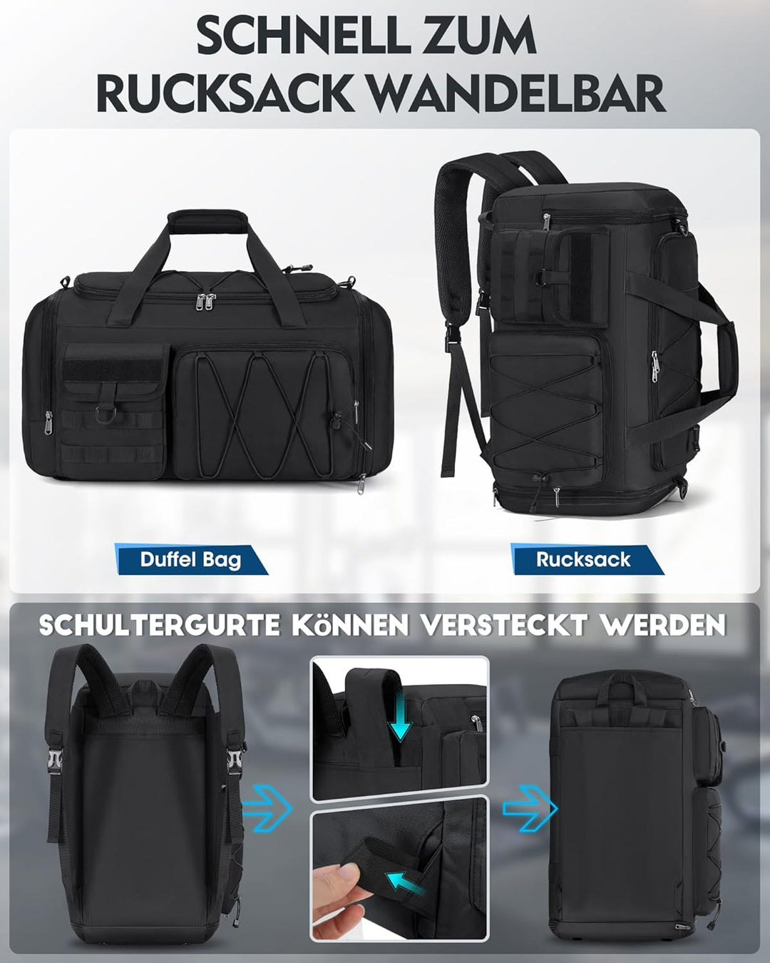RAINSMORE 45L Sporttasche Herren Damen, 3-IN-1 Reisetasche mit Schuhfach Nassfach, Wasserdicht Gym D