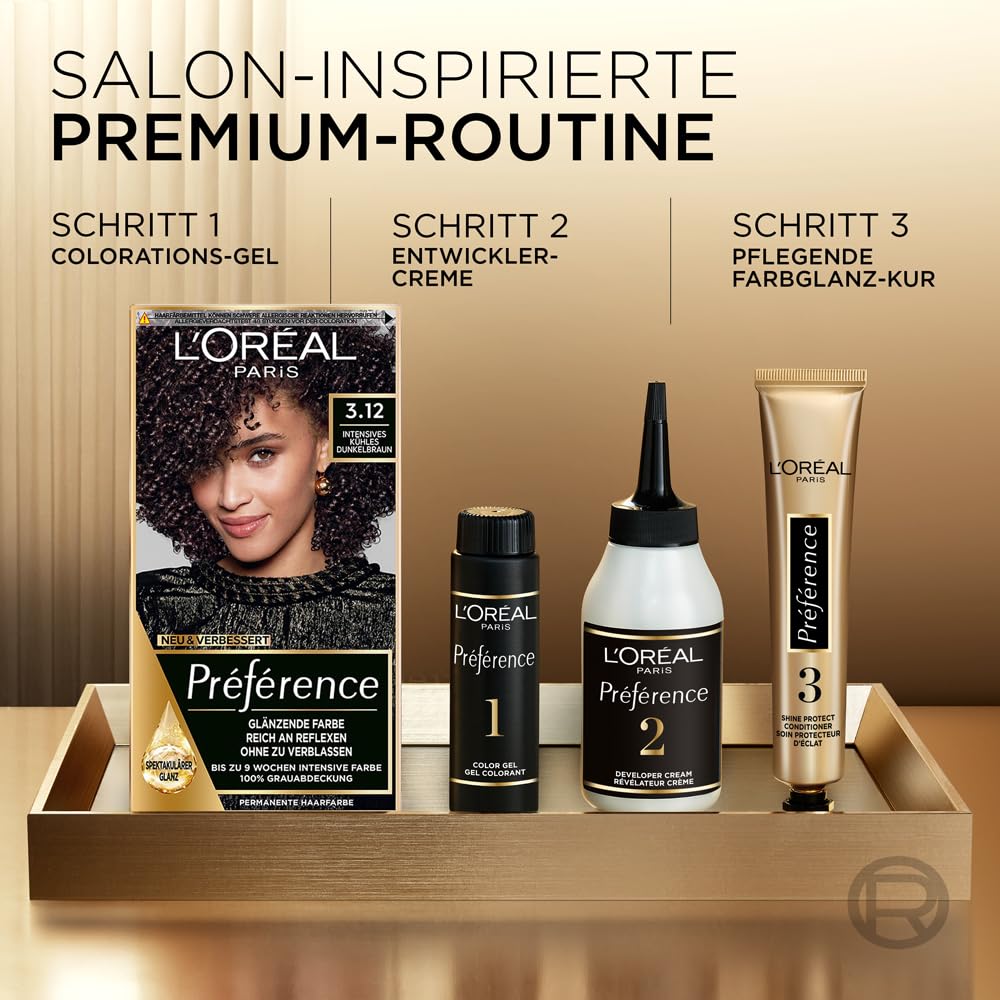 L'Oréal Paris Permanente Haarfarbe, Haarfärbeset mit Coloration und Farbglanz-Pflegebalsam, Préféren