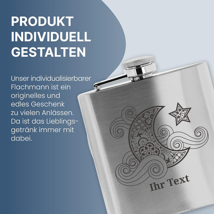 personalisierbarer Flachmann aus Edelstahl mit Name – Mond Zentangle – Taschenflasche mit Wunschgrav