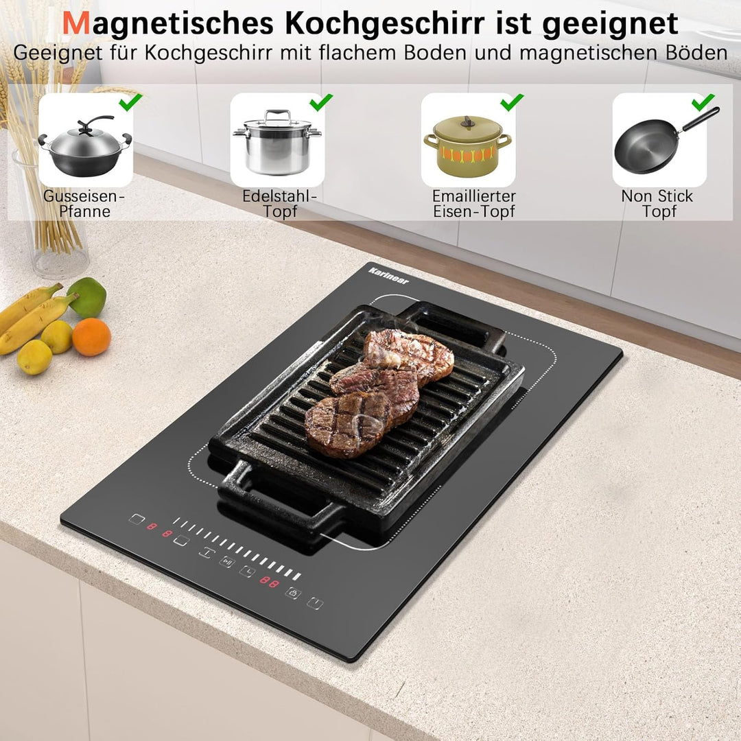 Karinear Induktionsfeld 30cm Flexzonen mit Stecker, Induktionskochfeld 2 Platten Einbau, Induktion K