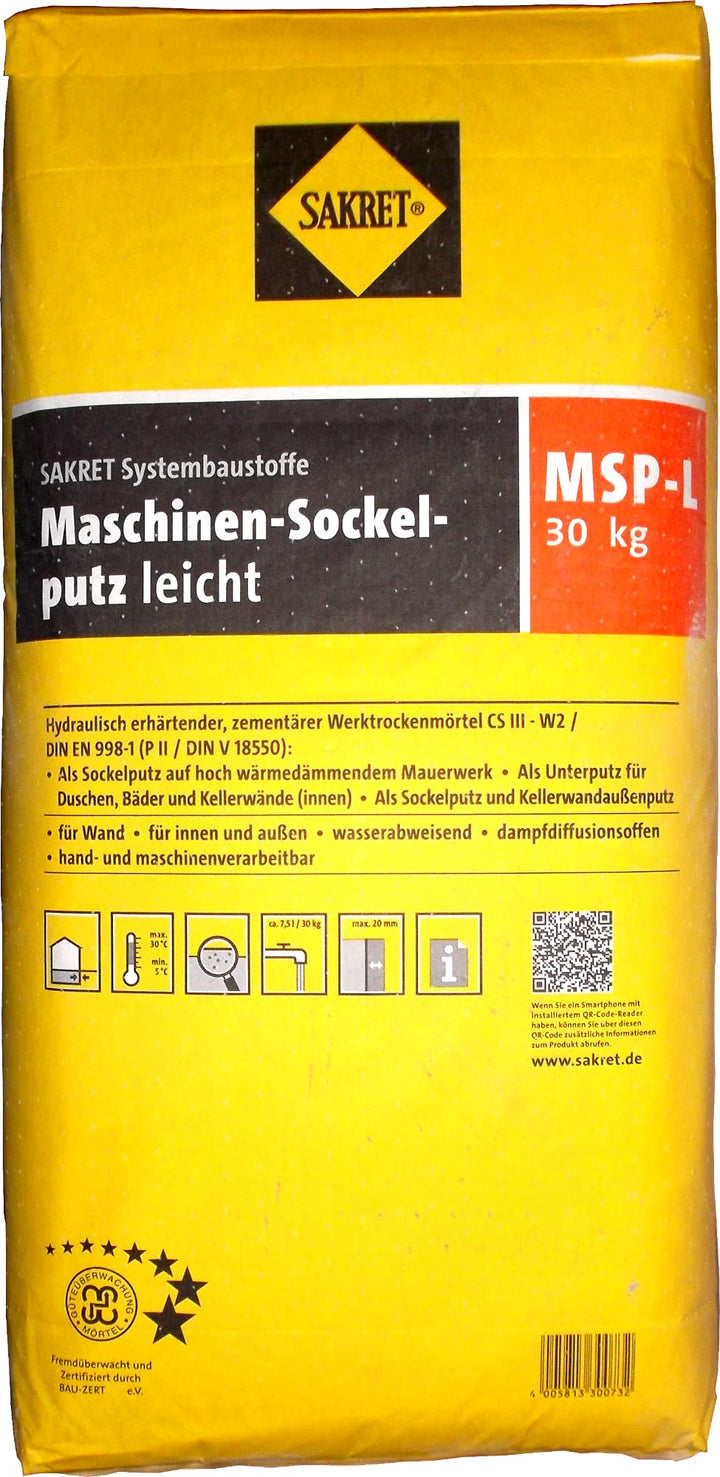 Sakret 30kg Maschinen-Sockelputz leicht MSP-L Grau als Sockelputz auf hoch wärmedämmendem Mauerwerk