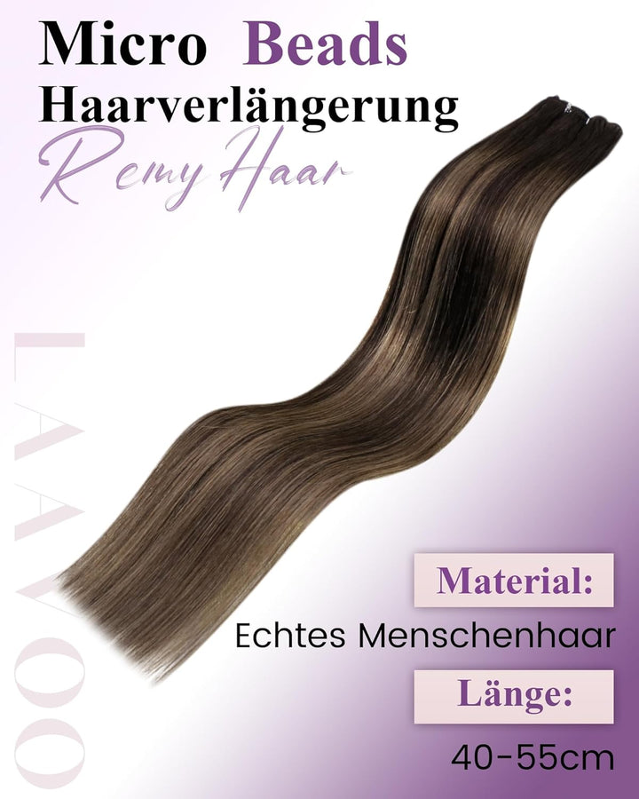 LaaVoo EZ Weft Extensions Echthaar Braun Balayage Microbeads Echthaar Extensions Glatt Micro Tressen
