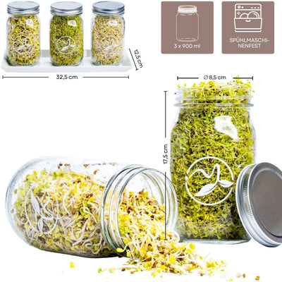 ZELLGUT® 2in1 Sprossenglas 3er Set - Keimglas 100% Plastikfrei - Vorratsglas Funktion durch extra De