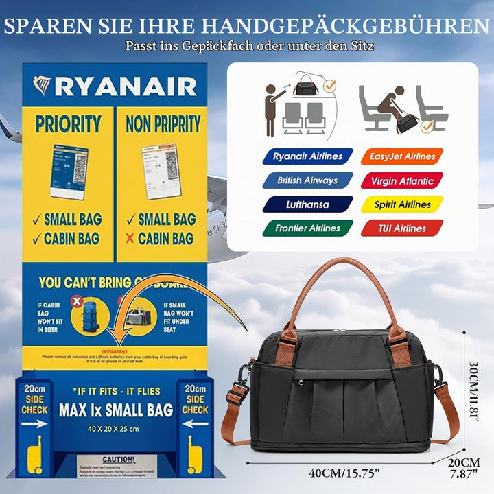SEAFEW Reisetasche 24L, 40x30x20 Ryanair Handgepäck Tasche für Flugzeug Weekender Sporttasche Damen