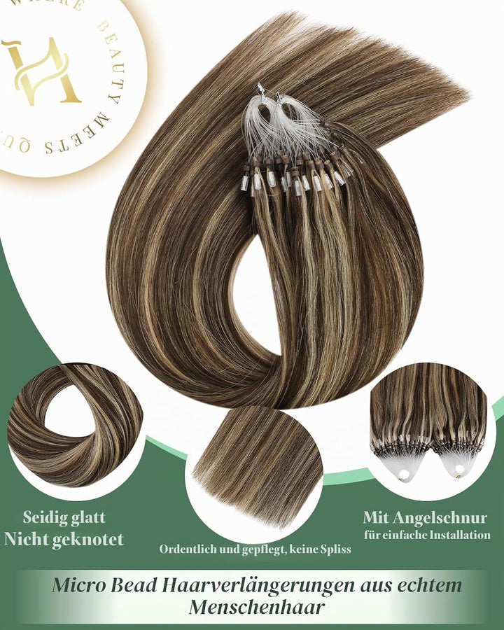 Ugeat Micro Bonding Extensions Echthaar P4/27 Dunkelbraun zu Karamellblond Gesträhnt Extensions Micr