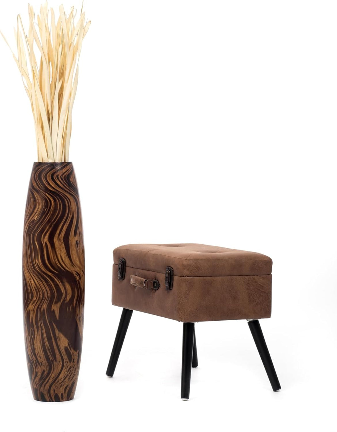 Leewadee Grosse Bodenvase für Dekozweige hohe Standvase Design Holzvase, Holz, 70 cm, Braun Hellbrau
