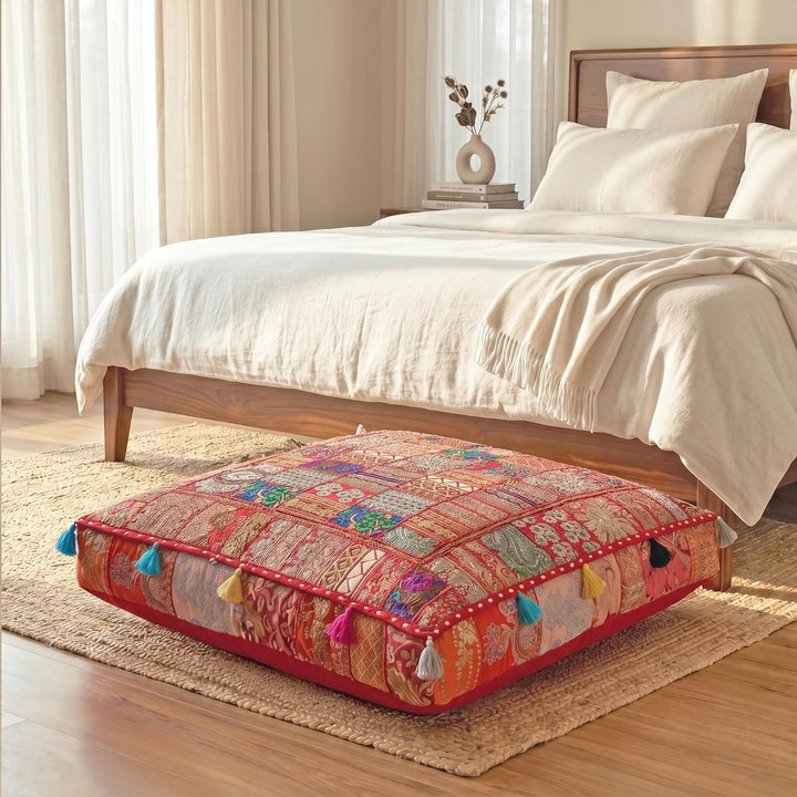 THE ART BOX Baumwolle Patchwork Vintage Boho Bestickt Bodenkissen & Kissenbezug Hund Pouf Sitzpouf M