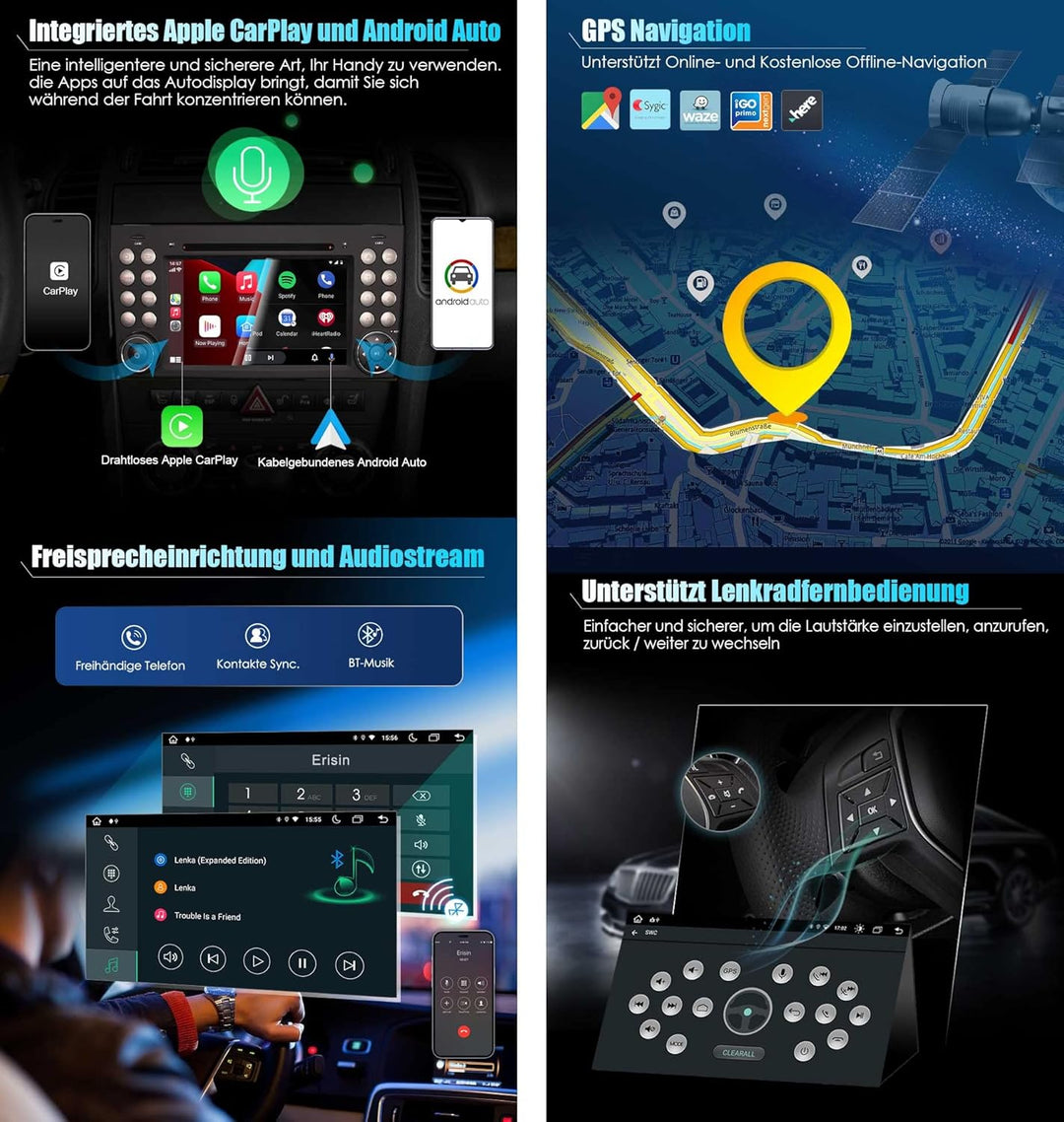 Erisin 8-Kern 4GB RAM+64GB ROM Android 14 Autoradio Mit GPS Navi für Mercedes-Benz SLK Klasse R171 W