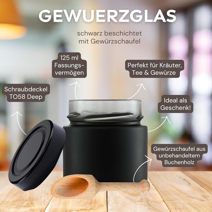 mikken 8x Gewürzglas 125 ml, schwarze Glasdosen inkl. Gewürzschaufel Schwarz 8 x 125ml, Schwarz 8 x