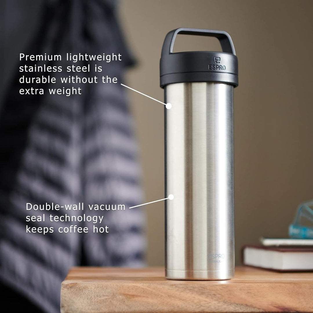 ESPRO Reise French Press Ultralight, Mini Coffee Maker mit Thermo-Funktion, 475ml, edelstahl Edelsta