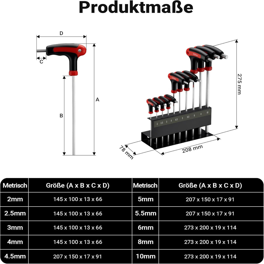 Wiltec Innensechskantschlüsselsatz 11tlg. 2-10mm mit 15-28cm Länge und thermoplastischen Gummigriffe