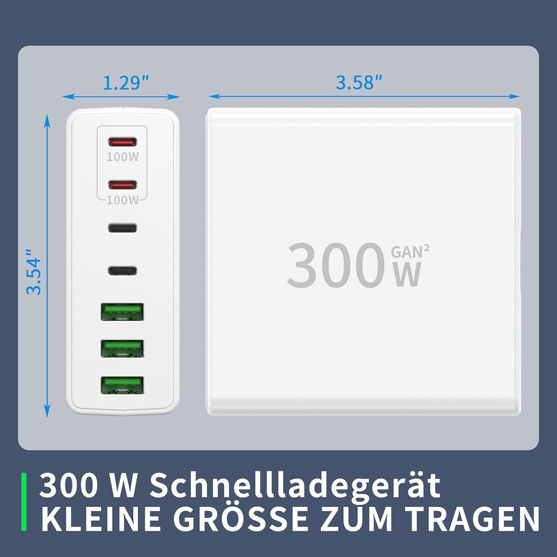 FINIBO 300W USB C Ladegerät Mehrfach: 7-Ports USB Schnellladegerät mit 4 USB-C und 3 USB-A, USB Char