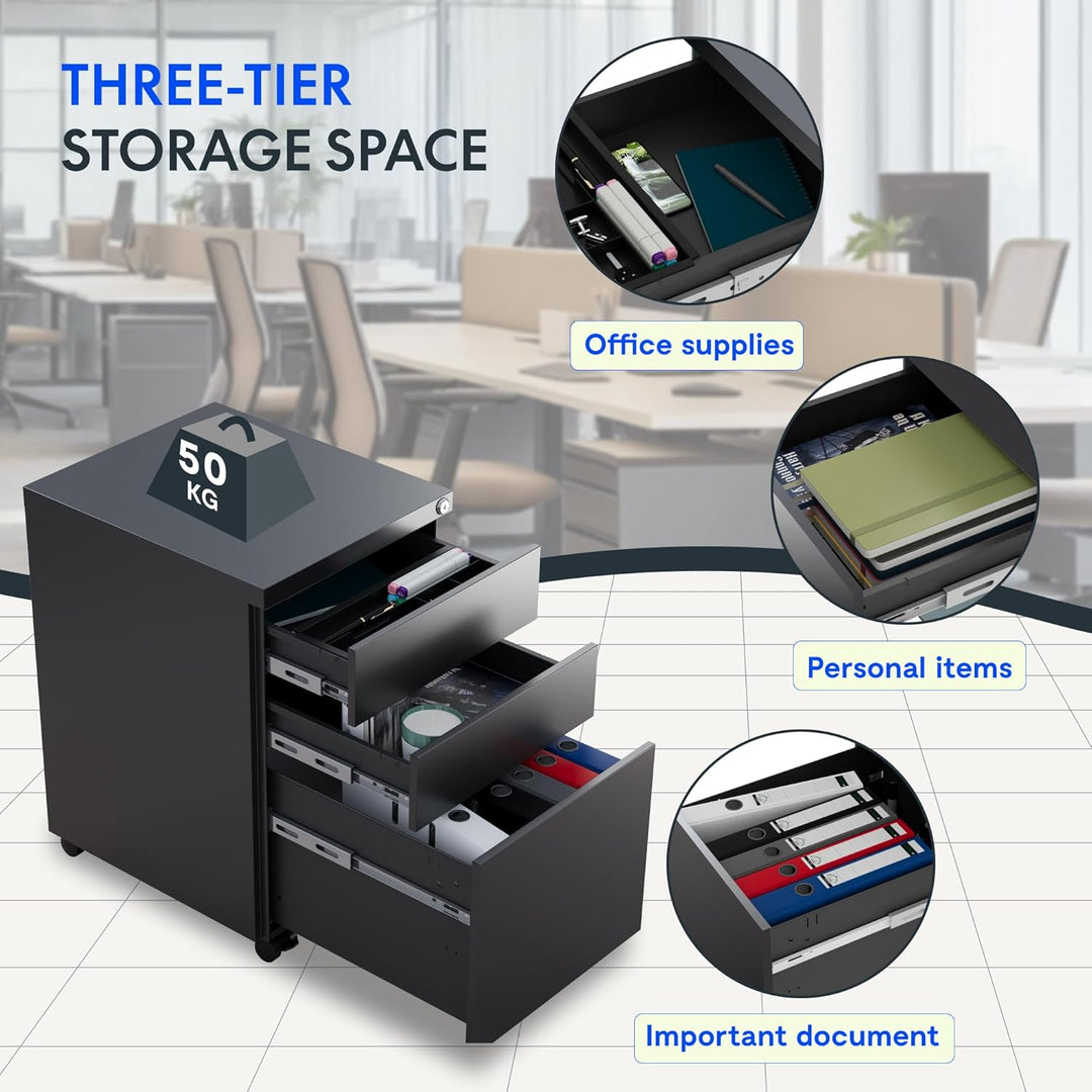 FLEXISPOT Rollcontainer mit 3 Schubladen, mobiler Aktenschrank mit Rollen, Schubladenschrank Bürosch