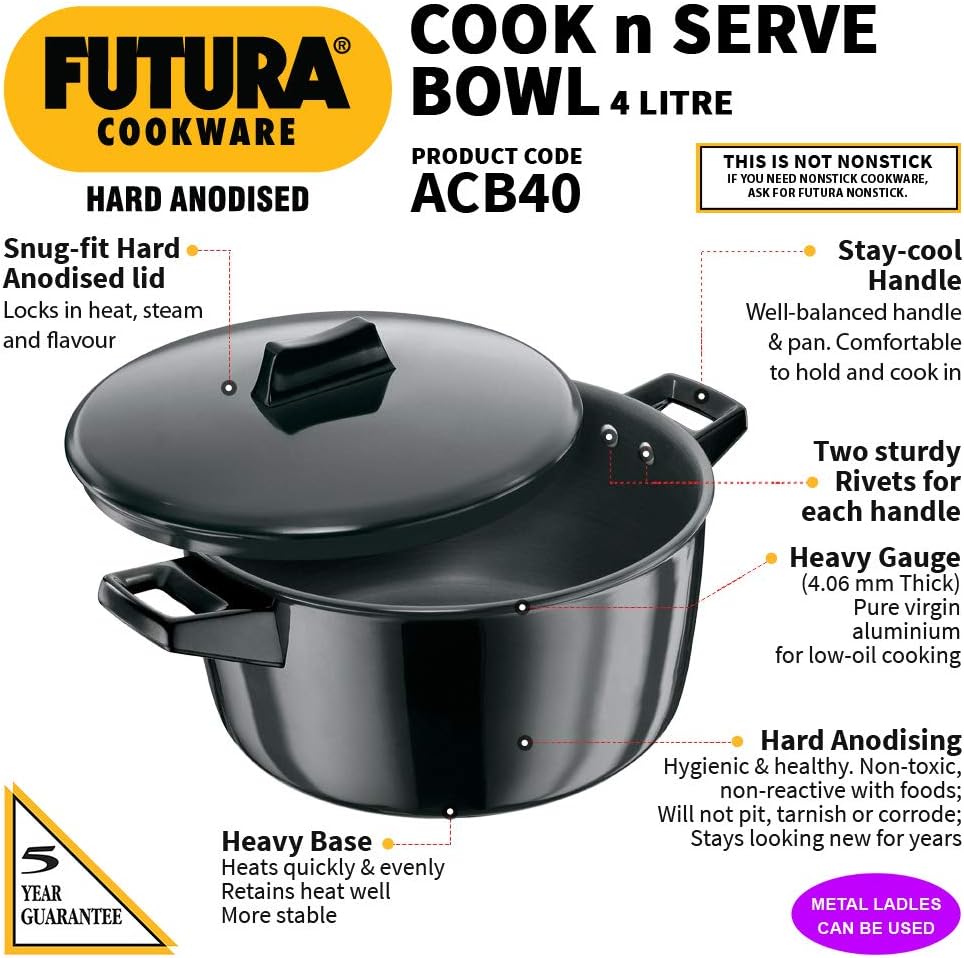Hawkins Futura Hard Anodised Cook-n-Serve Bowl, 4 Litres, 4 L