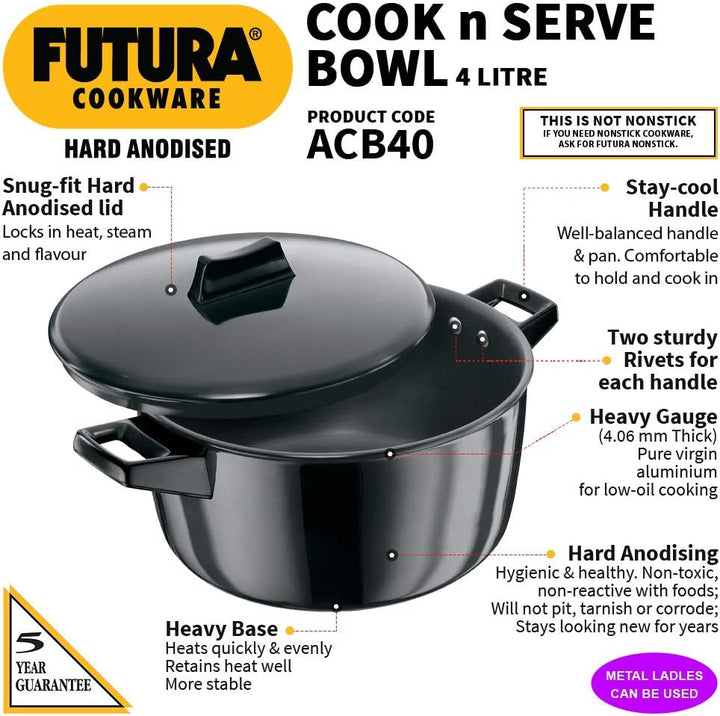 Hawkins Futura Hard Anodised Cook-n-Serve Bowl, 4 Litres, 4 L