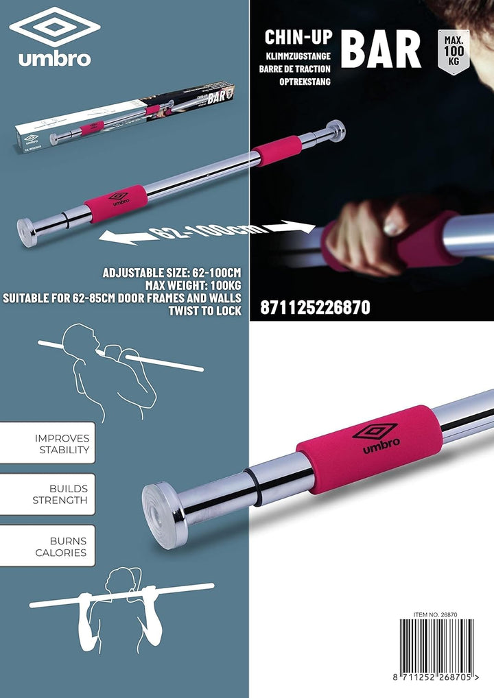 Umbro Klimmzugstange - Max.100 KG - Verstellbar 62 bis 100 CM - Wand- und Türrahmen Montage 62-85 CM