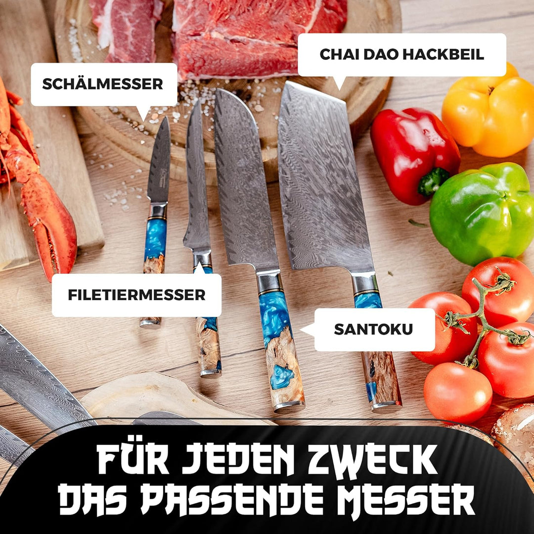 Tsume Exotic Set Saphir, Messerset mit 4 Premium Küchenmessern, Echte Damast Küchenmesser, 67 Schich