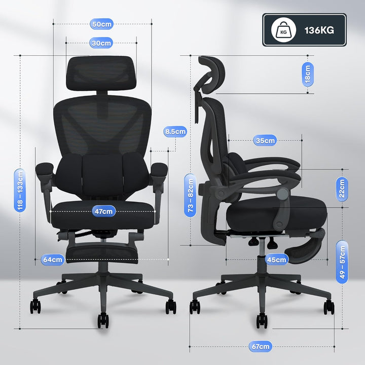 FLEXISPOT Ergonomischer Bürostuhl mit Fussstütze, X-förmiger Schreibtischstuhl mit 135°-Neigung, Gek