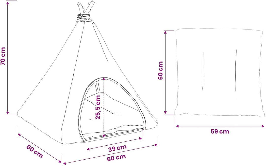 Haustier-Tipi mit Kissen Weiss Grau 60 x 60 x 70 cm, waschbares Kuschelbett für Katzen und Hunde, St