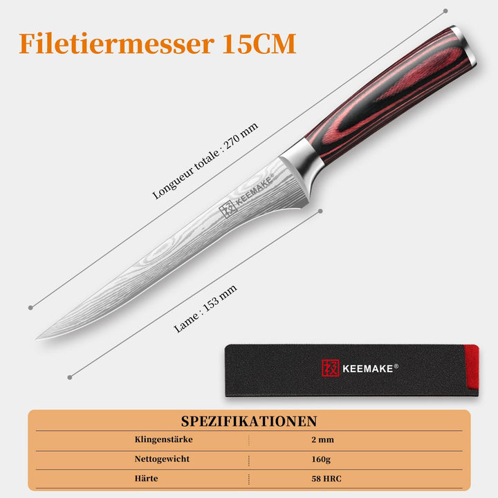 KEEMAKE Küchenmesser Filetiermesser Extrem Scharf, 15cm Profi Fischmesser Ausbeinmesser aus Edelstah