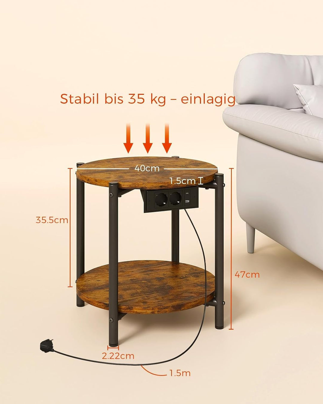 IRONCK Beistelltisch rund, Couchtisch mit Steckdose, Kleiner Tisch Holz, Wohnzimmertisch 2 Ablagen,S