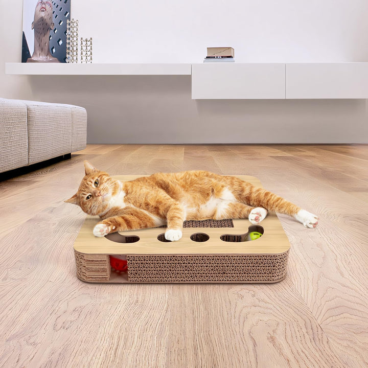 Nobleza Katzen kratzbrett mit Minze，Katzenspielzeug Interaktives mit 2 Klingelballs，3 in 1 Wellpappe
