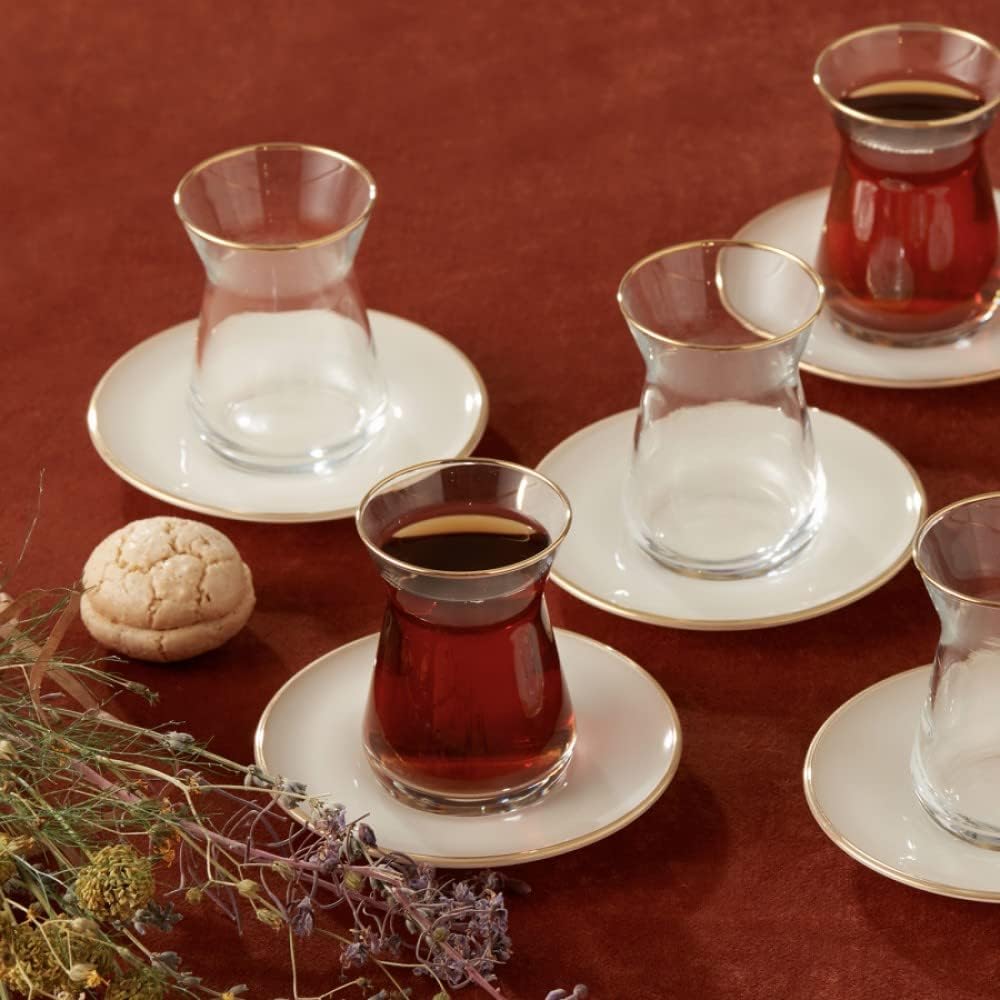 Karaca Retro Beige Teeset Für 6 Personen Teeservice,6x Türkische Teegläser Mit Untertasse, Cay Barda