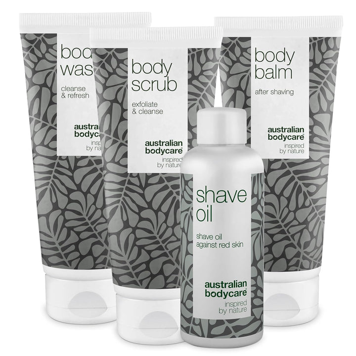 Rasur-Set für den ganzen Körper - Set mit Körperwaschgel, Peeling, Balsam und Rasieröl - Lösung für