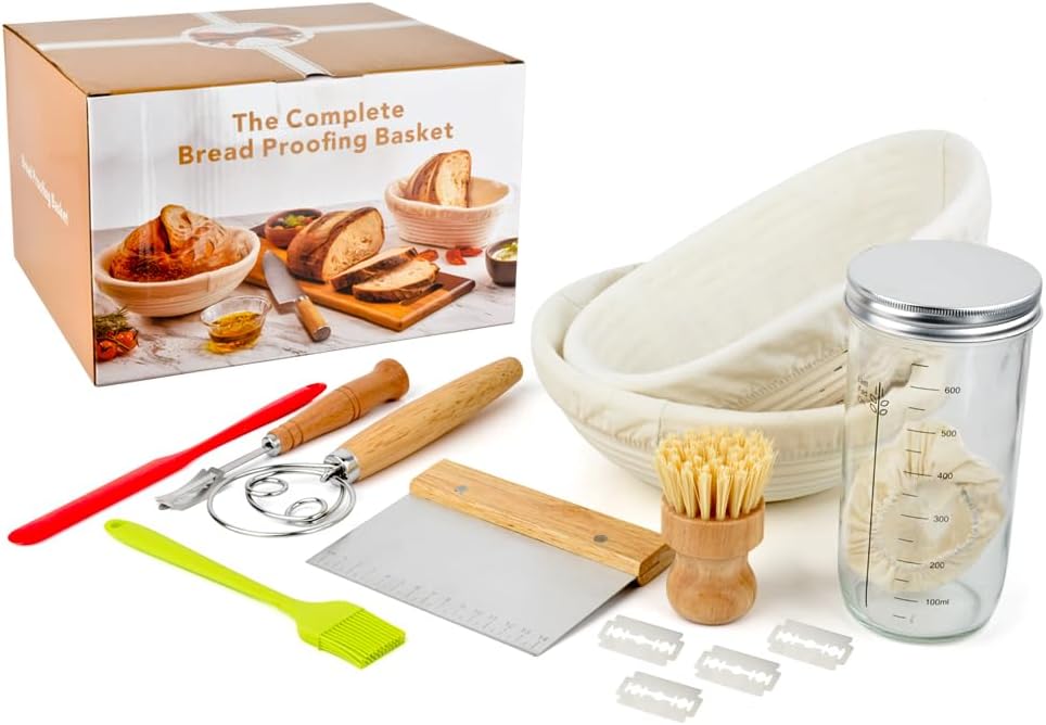 Sauerteig Starter Set mit 2 Gärkörbchen Oval Rund&Brot Backen Zubehör, Gärkorb Brot mit Teigschaber,