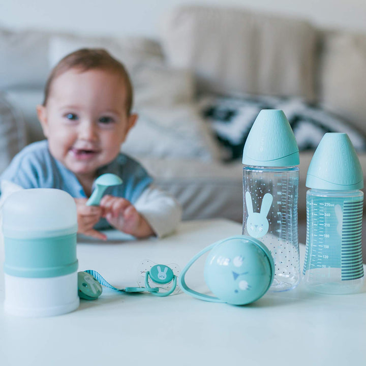 SUAVINEX Premium-Set für das Neugeborene Babyflasche 150 ml + 270 ml + 360 ml + Milchdosierer + Schn