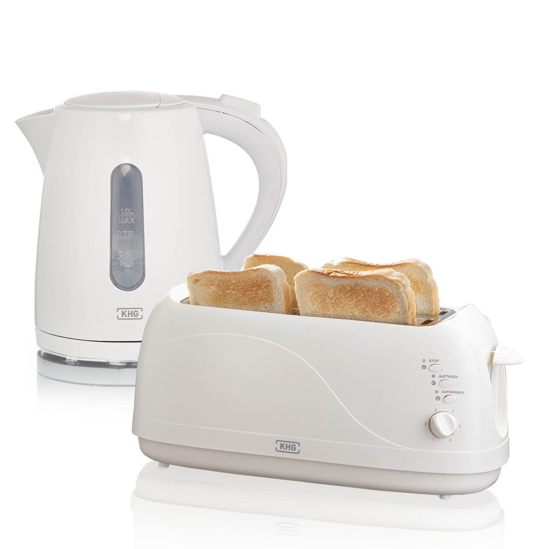 KHG Frühstücksset Weiss| Toaster 4 Scheiben Langschlitztoaster mit Brötchenaufsatz, 6 Bräunungsstufe