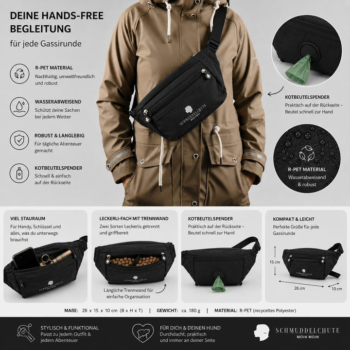 Buukbüdel, Schwarz | 4 grossen Fächern, verstellbarer Gurt als Bauchtasche oder Crossbody Bag für un