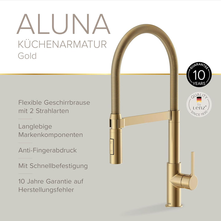 Lenz Küchenarmatur ALUNA in Gold - flexible Geschirrbrause mit 2 Strahlarten - Anti-Fingerabdruck Ob