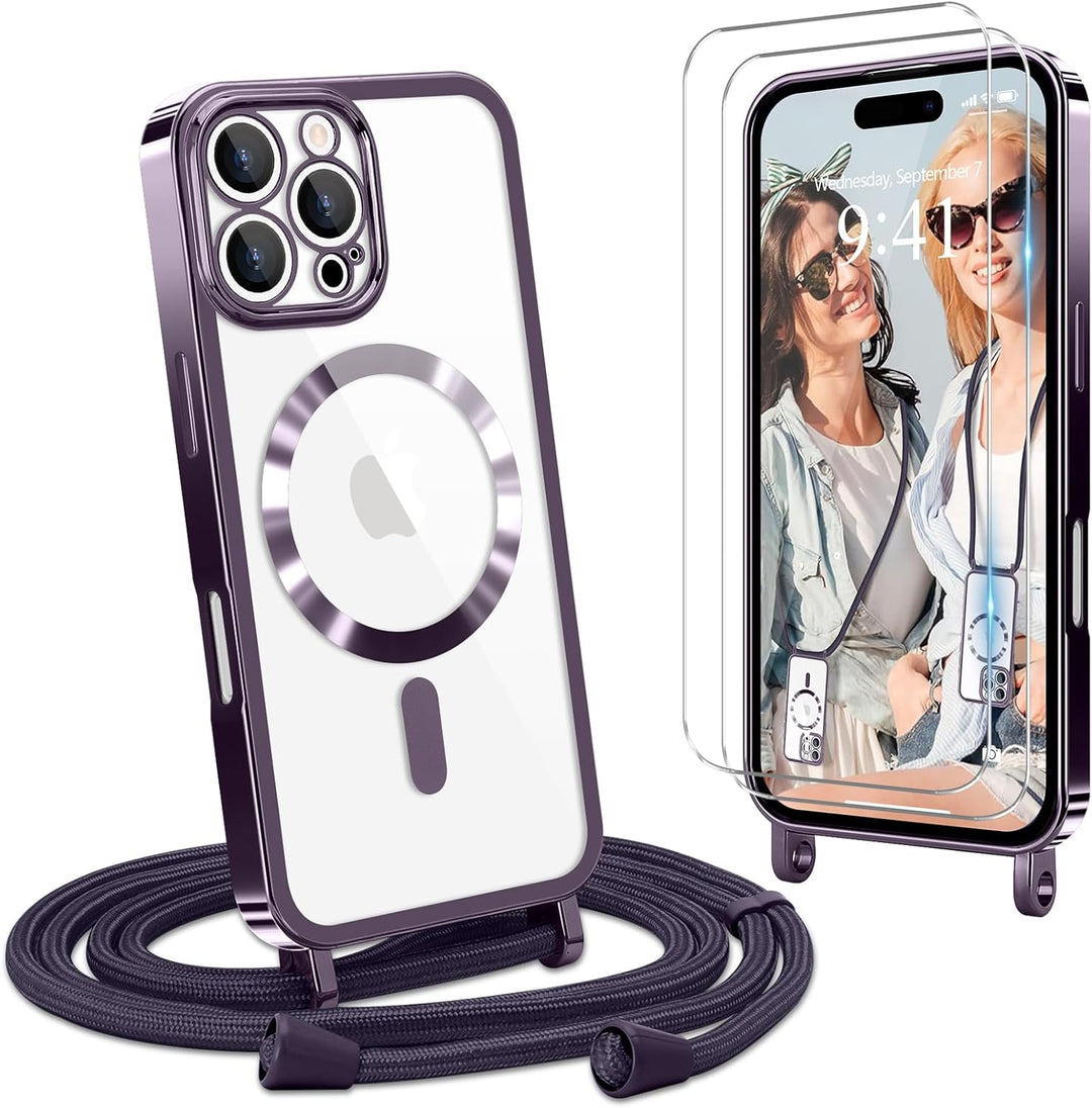 Ethanger Handykette für iPhone 16 Pro Max Hülle mit Band + 2 Stück Glas Schutzfolie Transparent Sili