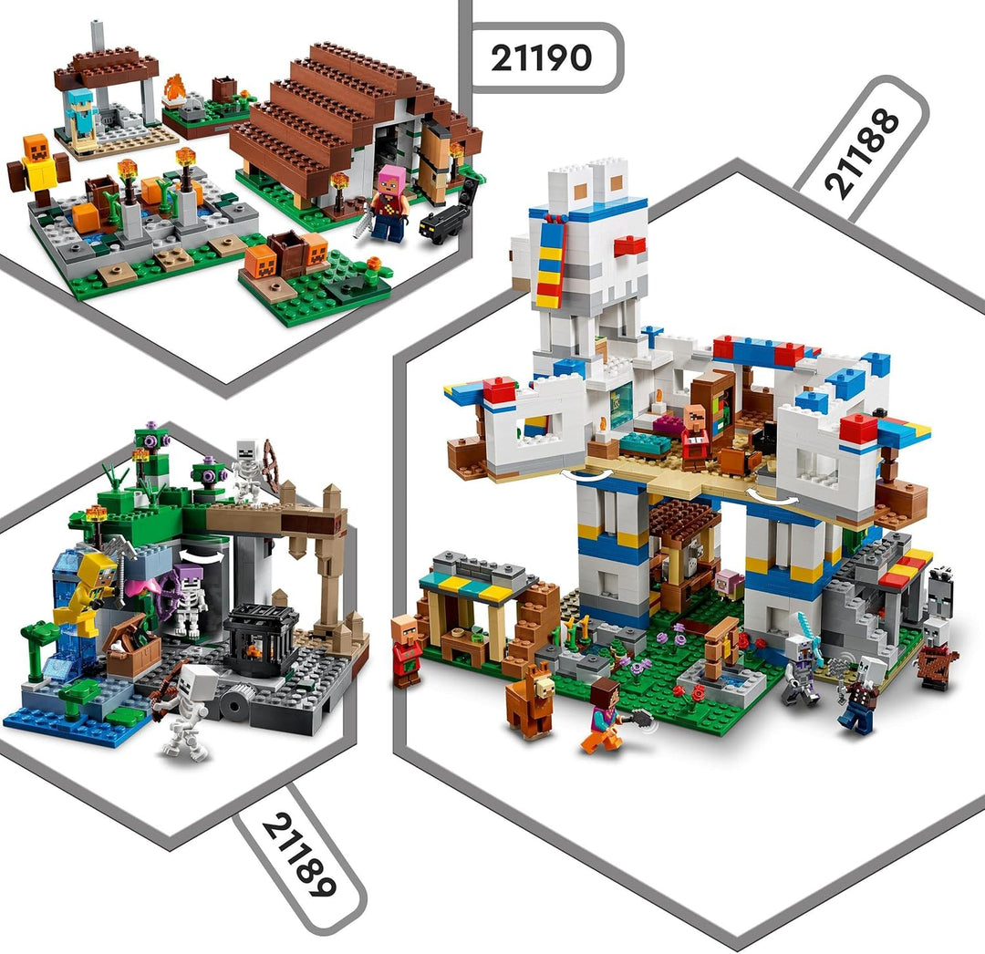 LEGO 21190 Minecraft Das verlassene Dorf, Spielzeug mit Zombiejäger Lager, Werkstatt, Farm und Haus