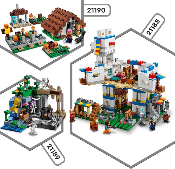 LEGO 21190 Minecraft Das verlassene Dorf, Spielzeug mit Zombiejäger Lager, Werkstatt, Farm und Haus