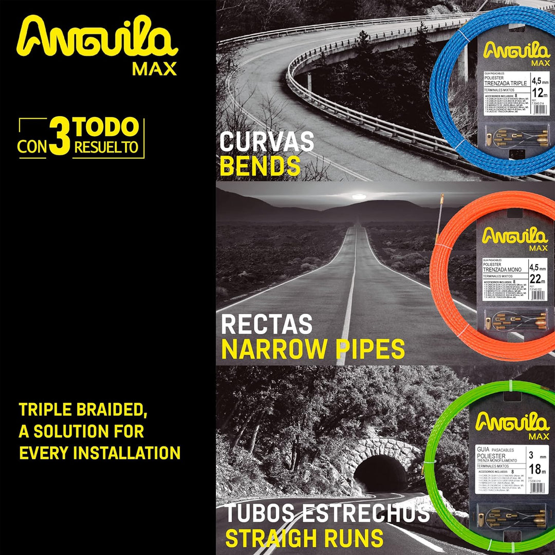 Anguila Max | Kabeleinziehhilfe | Speziell Geraden | Kombi-Endstücke | Dreifach verdrilltes Polyeste