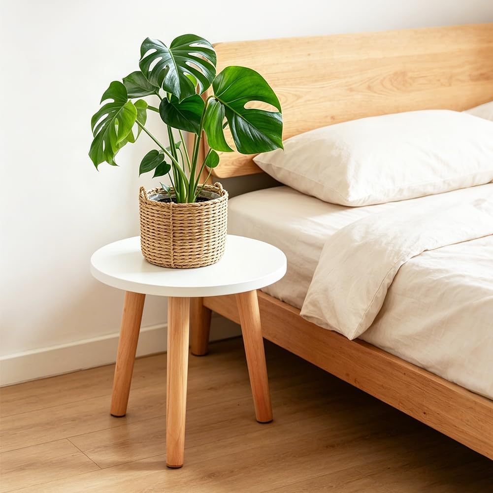 Pflanzenständer aus Holz, Weiss Blumenständer Rund, Holz Blumenhocker mit 3 Beinen, Moderner Beistel