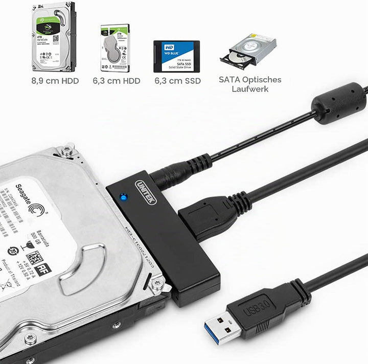 UNITEK SATA zu USB 3.0 Adapter, 6Gbps, Konverter für 2.5/3.5 HDD/SSD Festplatten und Optisches Laufw