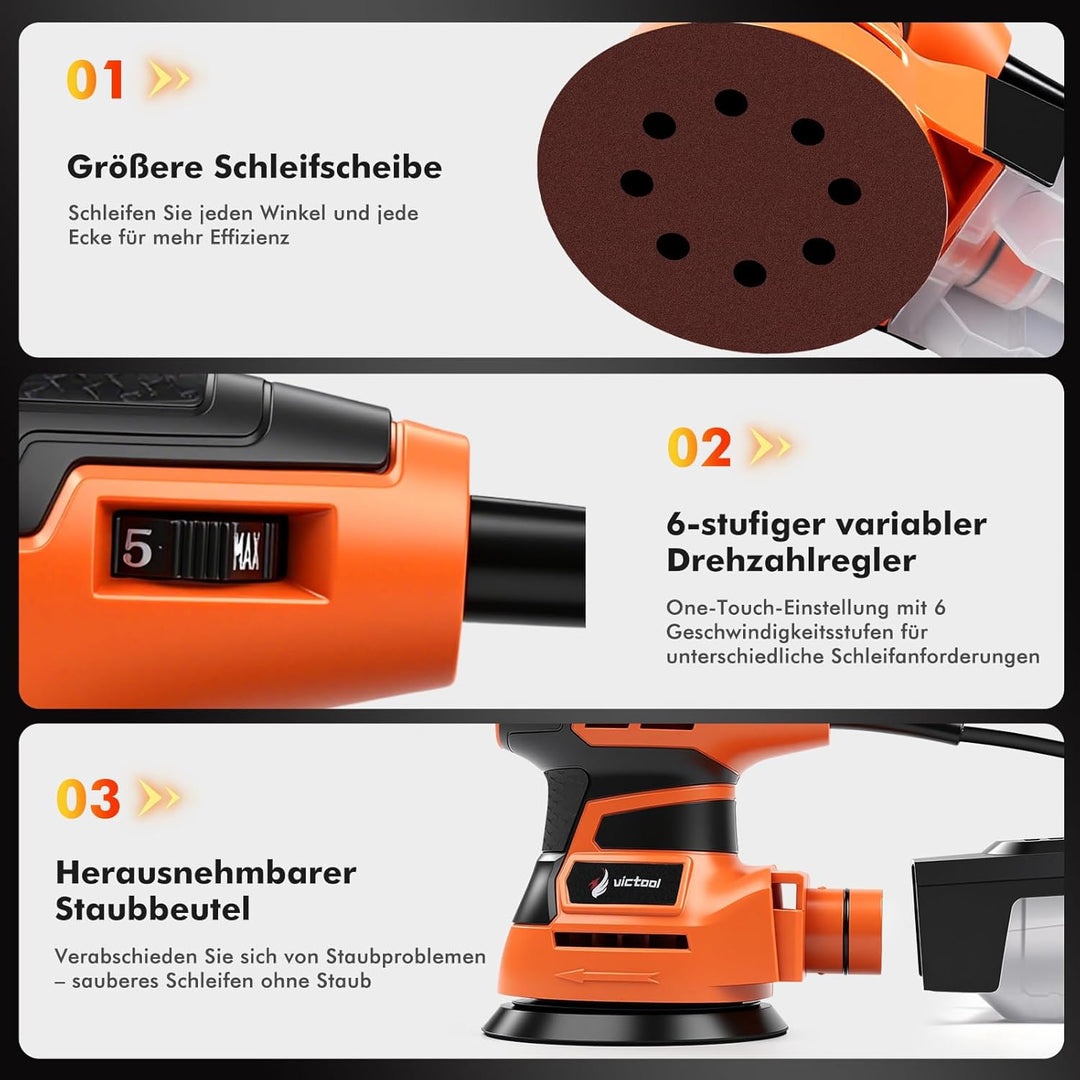 Exzenterschleifer 125mm, 350W Schleifmaschine, 6 Geschwindigkeiten 6000-13000 U/min, Multischleifer